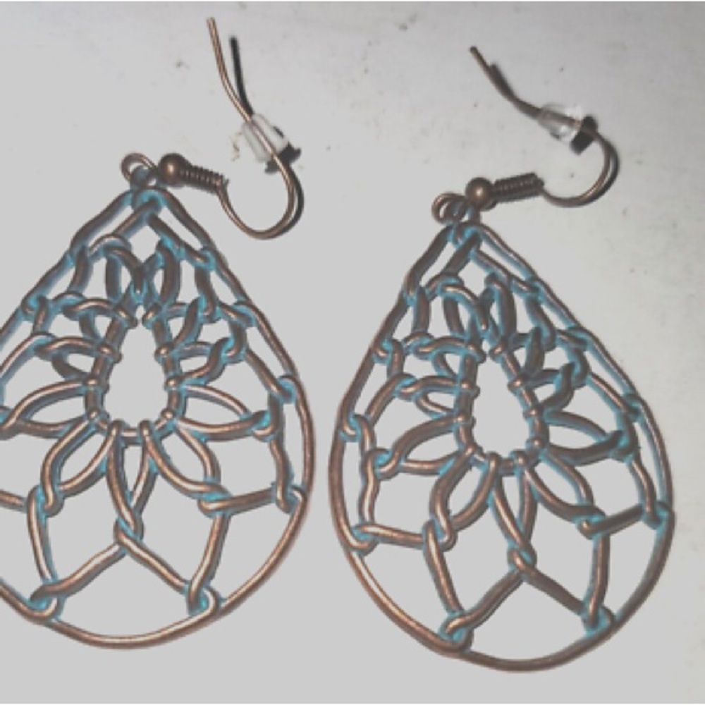 New Bohemian Cut Out Floral Dream Catcher Copper Turquoise Dangle Earrings - Picture 6 of 8